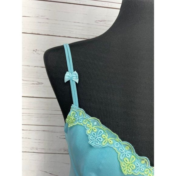 Van Dale Women's Power Blue Yellow Underwire Nightie Slip Sheer Lace‎ 90's  34C - Picture 3 of 4